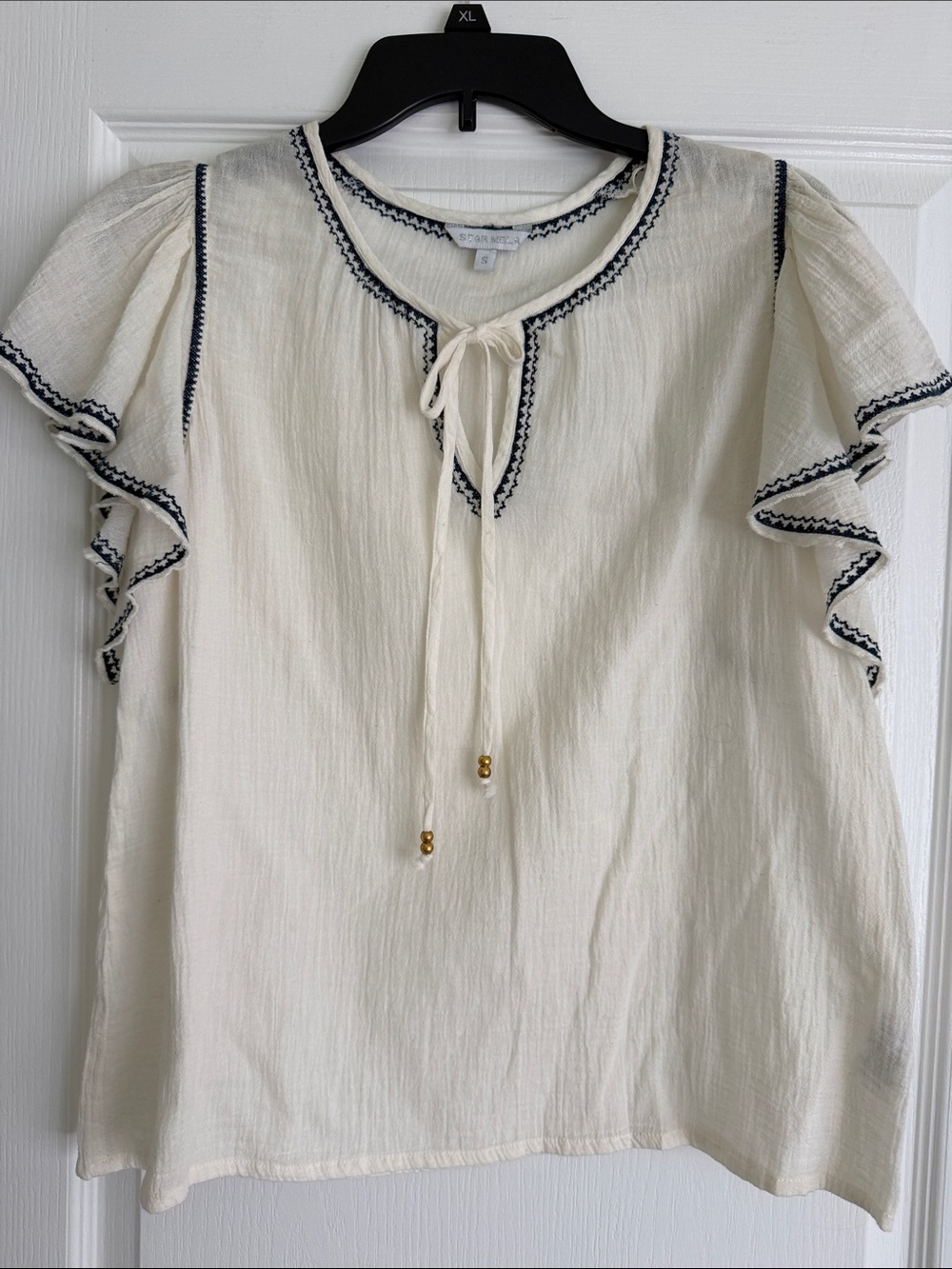 Star Mela Cream Tie-Front Ruffle Sleeve Blouse with Navy Trim